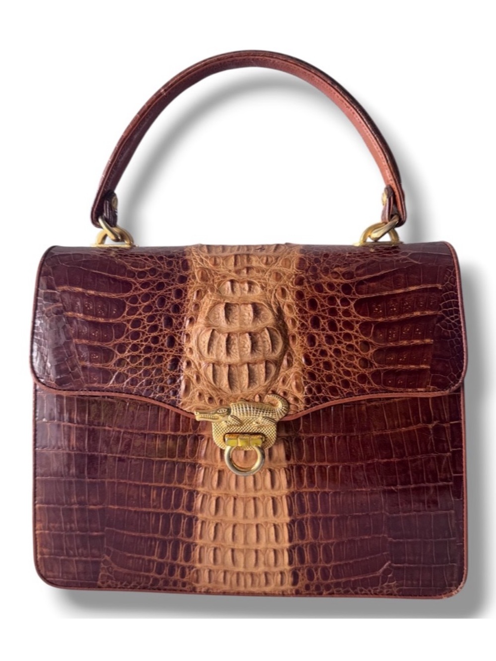 Vintage Genuine Crocodile Two-Tone Brown Top Handle Satchel Gold-Tone Hardware